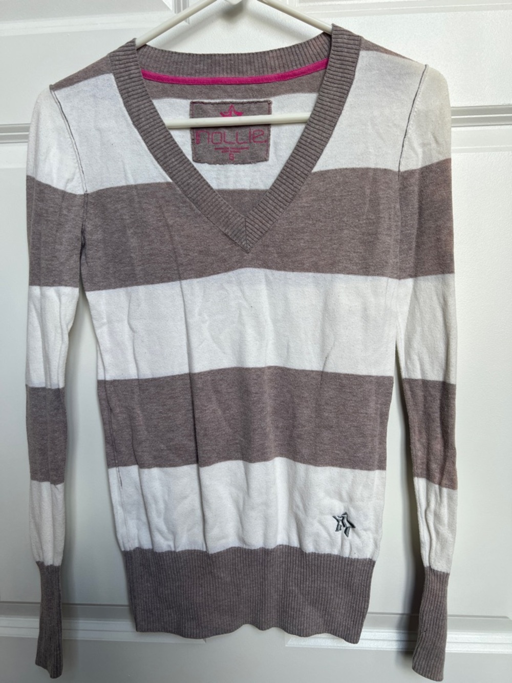 Nollie Taupe and White Striped V-Neck Sweater